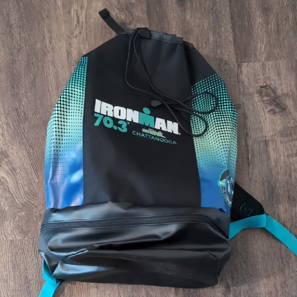 Ironman Black and Teal Drawstring Backpack